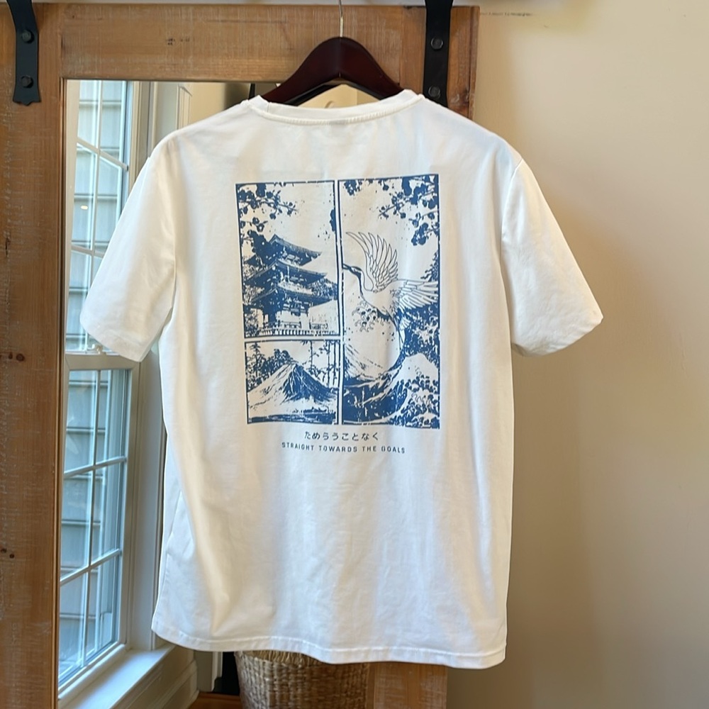 SHEIN Japanese Graphic Stretch Plain White Tee Shirt Size L